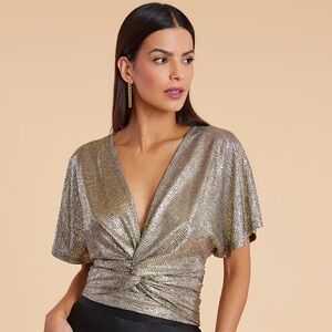 BISHOP + YOUNG TWIST-FRONT SHIMMER TOP in gold metallic size S